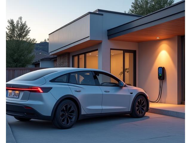 An electric car charging at a home charging station.